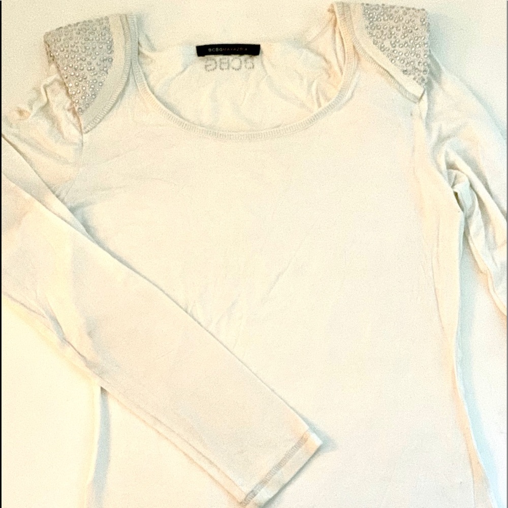 BCBG LS Dress Top w/studded shoulder detail